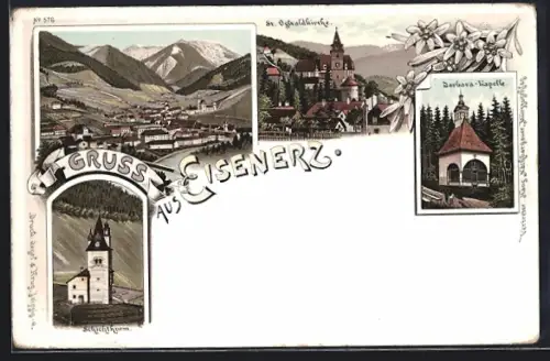 Lithographie Eisenerz, Gesamtansicht, St. Oswaldkirche, Barbara-Kapelle & Schichtturm