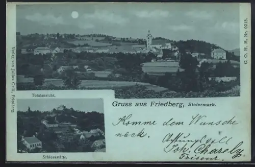 Mondschein-AK Friedberg /Steiermark, Totalansicht, Schiessstätte