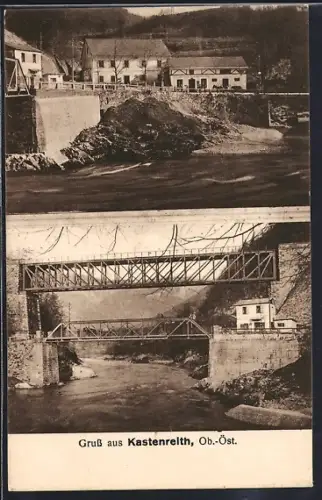 AK Weyer /O.-Oe., Gruss aus Kastenreith, Brücke der Rudolfsbahn über die Enns, Ortspartie