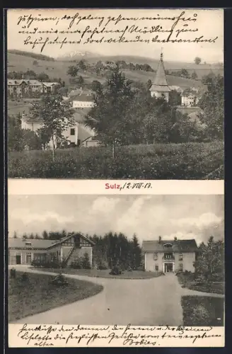 AK Sulz, Teilansicht mit Kirche, Gehöft