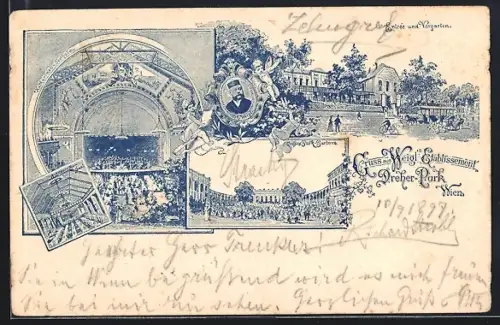 Lithographie Wien, Weigl-Restaurant Dreher Park, Entree und Vorgarten