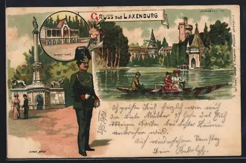 Lithographie Laxenburg, Franzensburg, Turnier-Platz, Ritter-Säule