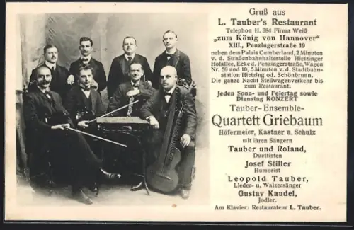 AK Wien, Restaurant zum König von Hannover, Penzingerstrasse 19, Tauber-Ensemble-Quartett Griebaum