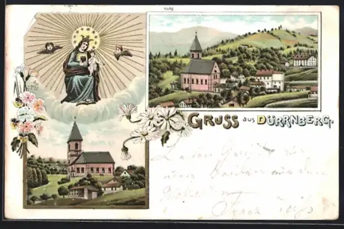 Lithographie Dürrnberg, Ortspartie mit Kirche, Gnadenbild