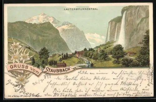 Lithographie Lauterbrunnen, Staubbach am Ortsrand, Eisenbahn durchquert die Ortschaft