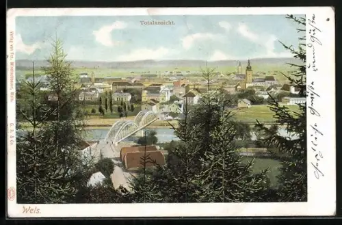 AK Wels, Totalansicht mit Brücke