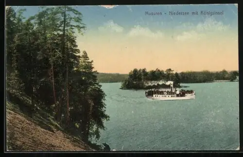 AK Masuren, Niedersee mit Königsinsel, Dampfer