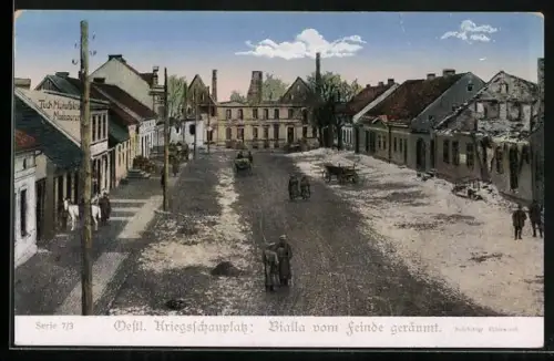 AK Bialla, der Ort von Feinde geräumt, zerstörte Häuser, Tuch Manufaktur, Soldaten, östlicher Kriegsschauplatz