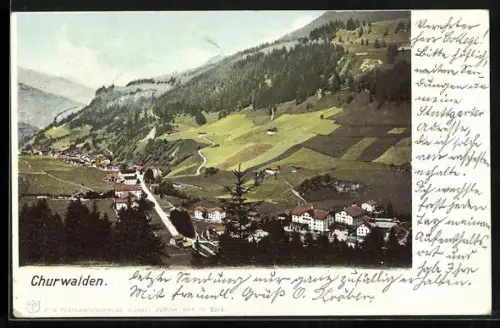AK Churwalden, Gesamtansicht mit Bergen aus der Vogelschau