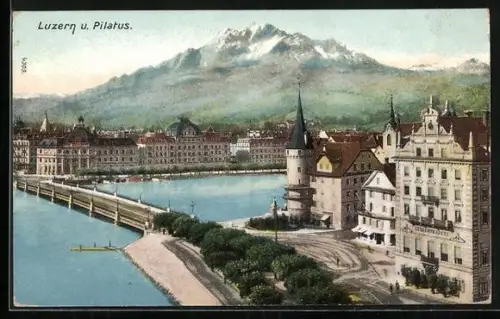 AK Luzern, Brückenpartie mit Blick zum Pilatus