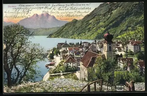 AK Gersau, Ortsansicht mit Kirche, See und Gebirgspanorama