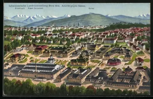 Künstler-AK Bern, 19. Schweizerische Landesausstellung 1914, Ansicht gegenSüden mit Blüemlisalp, Niesen und Doldenhorn