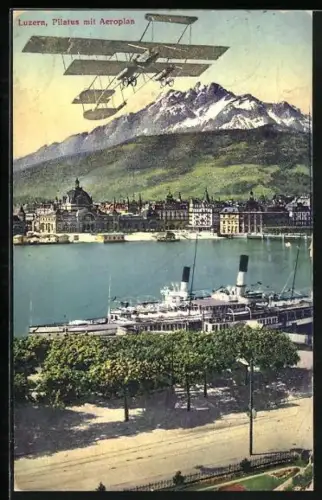 AK Luzern, Plitaus mit Doppeldecker-Flugzeug und Dampfer