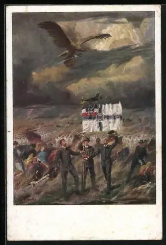 Künstler-AK Linz /Donau, Landschaft mit Fahnenträgern und Greifvogel - Karte zum Bundesturnfest 1922