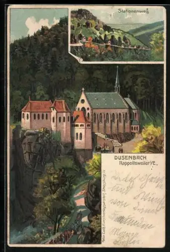 Künstler-AK Dusenbach, Stationsweg zum Ort, Blick zur Kirche