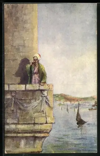 AK Türkei, Hodja auf einem Minaret zum Gebet rufend