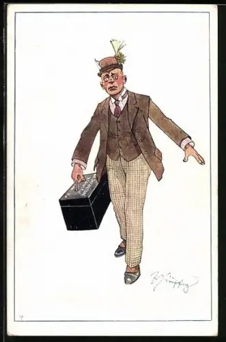Künstler-AK Fritz Schönpflug: Herr im Anzug mit einem Koffer des K. u. k. Infanterie-Regiment
