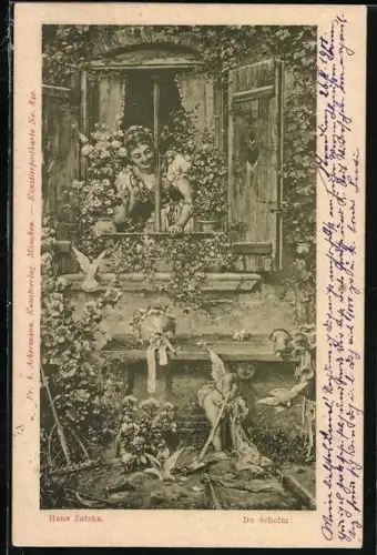 Künstler-AK Hans Zatzka: Amor versteckt sich unter dem Fenster einer Frau