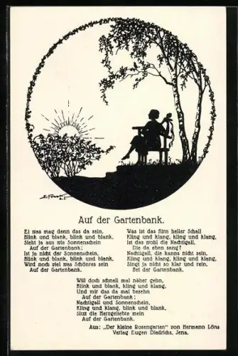 Künstler-AK Elsbeth Forck: Auf der Gartenbank, Liedtext und Schattenbild