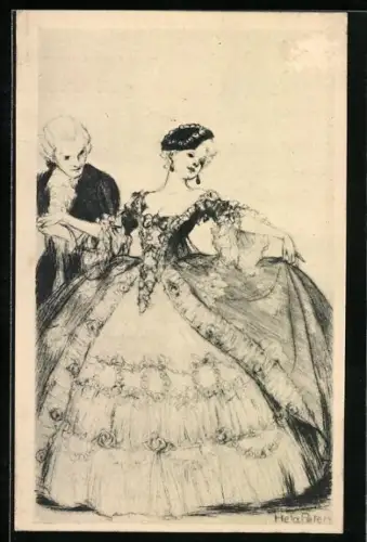 Künstler-AK Hela Peters: Herr führt Dame zum Tanz, Karte Nr. 198, Die Krinoline