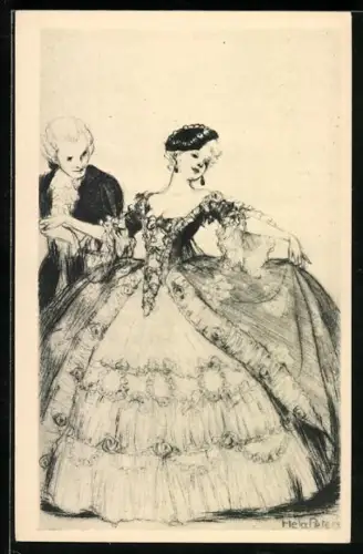 Künstler-AK Hela Peters: Herr führt Dame zum Tanz, Karte Nr. 198, Die Krinoline