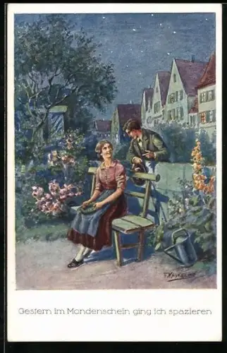 Künstler-AK Kaskeline: Liebespaar an einer Parkbank