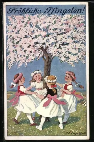 Künstler-AK P.O.Engelhard (P.O.E.): Mädchen tanzen unter einem blühenden Baum