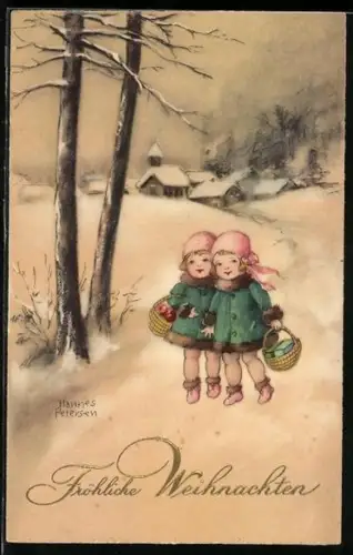 Künstler-AK Hannes Petersen: Zwei Kinder in der Winterlandschaft, Fröhliche Weihnachten