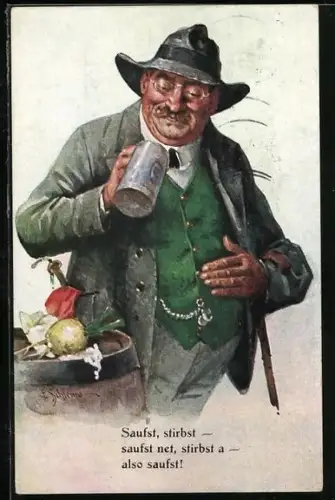 Künstler-AK Ernst Schlemo: Mann in Tracht trinkt aus einem Bierkrug