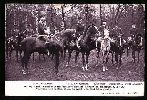 AK Berlin, Unser Kaiserpaar mit den drei ältesten Prinzen im Tiergarten