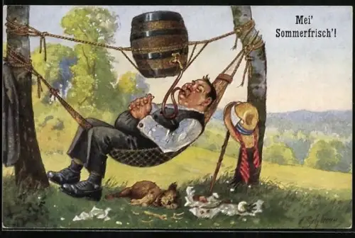 Künstler-AK Ernst Schlemo: Mann liegt in einer Hängematte und trinkt aus einem Bierfass