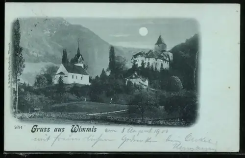 Mondschein-AK Wimmis, Ortsansicht mit Kirche im Vollmondlicht