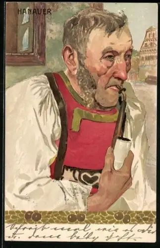 Künstler-Lithographie sign. Bühler: Hanau, älterer Herr in Schwarzwälder Tracht raucht Pfeife