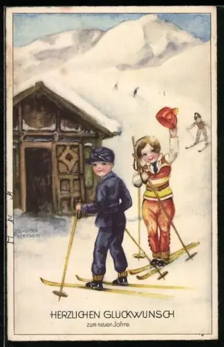 Künstler-AK Hannes Petersen: Kinder gehen im Schnee Ski fahren