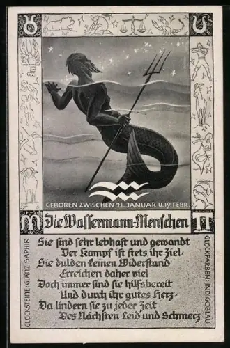 AK Sternzeichen Wassermann, Wassermann mit Dreizack unterm Sternenhimmel