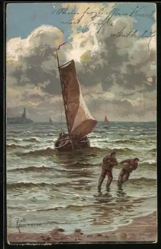 Künstler-AK Robert Kämmerer: Fischer ziehen ihr Boot zum Strand