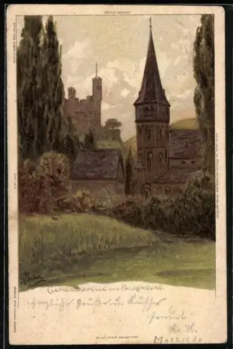 Künstler-AK C. Biese: Trechtingshausen, Clemenskapelle und Falkenburg, Ortsansicht