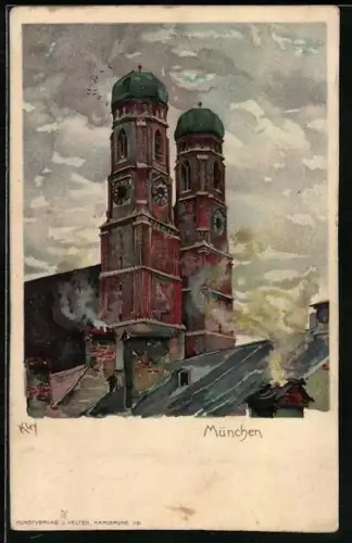 Künstler-Lithographie Kley: München, Frauenkirche
