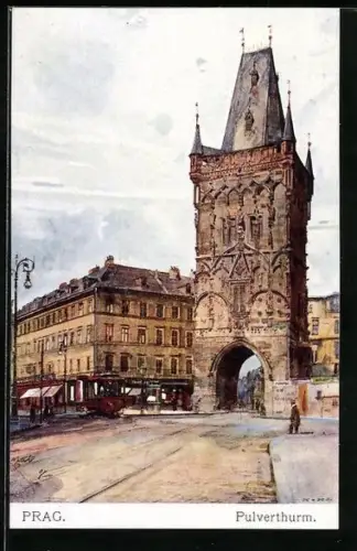 Künstler-AK J. Safarik: Prag, Pulverturm mit Strassenbahn