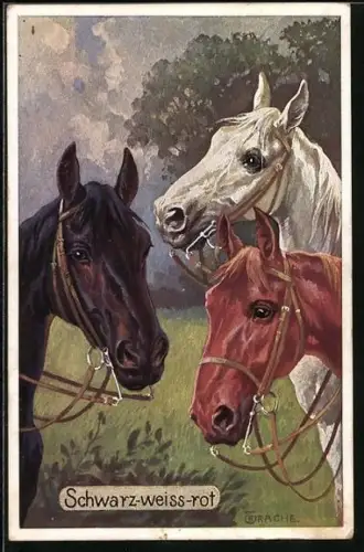 Künstler-AK Drei Reitpferde mit Zaumzeug auf einer Wiese