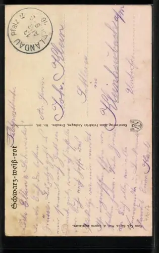 Künstler-AK Drei Reitpferde mit Zaumzeug auf einer Wiese