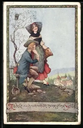 Künstler-AK T. Welzl: Mädele ruck, ruck, ruck, an meine grüne Seite, Liebespaar