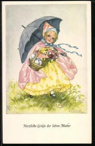 Künstler-AK Hannes Petersen: Mädchen mit Korb, Blumen und Regenschirm auf einer Blumenwiese