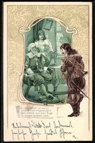 AK Behüt Dich Gott!, Ritter verneigt sich vor dem Königspaar