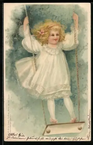 Lithographie blondes Mädchen auf der Schaukel