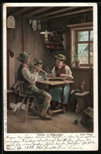 Künstler-AK Emil Rau: Flöten- und Zitherspiel