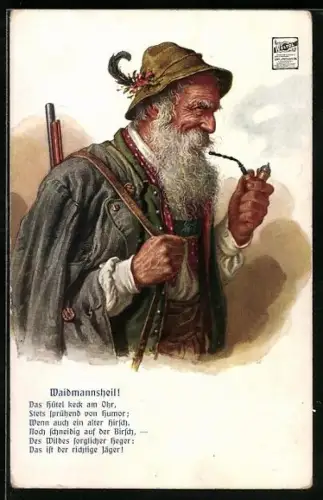 Künstler-AK Jäger mit Pfeife und Gewehr, Reklame für Schuhöl Weltol