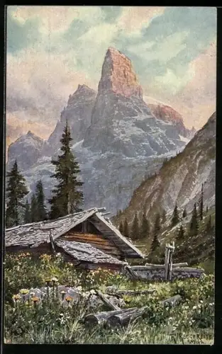 Künstler-AK Rudolf Reschreiter: Blick von einer Almhütte auf hohe Gipfel