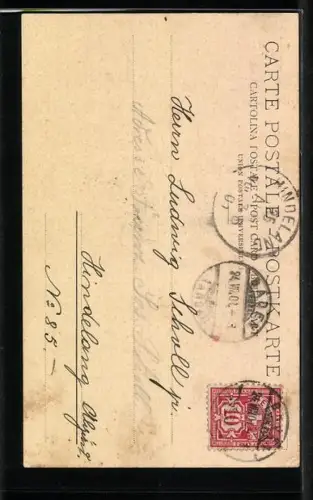 AK Baden, Ortspartie am Ufer, Männer im Boot, Kirchturm, um 1900