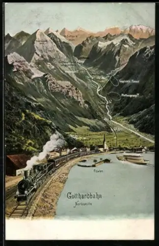 AK Flüelen, Gotthardbahn mit Gebirge im Hintergrund